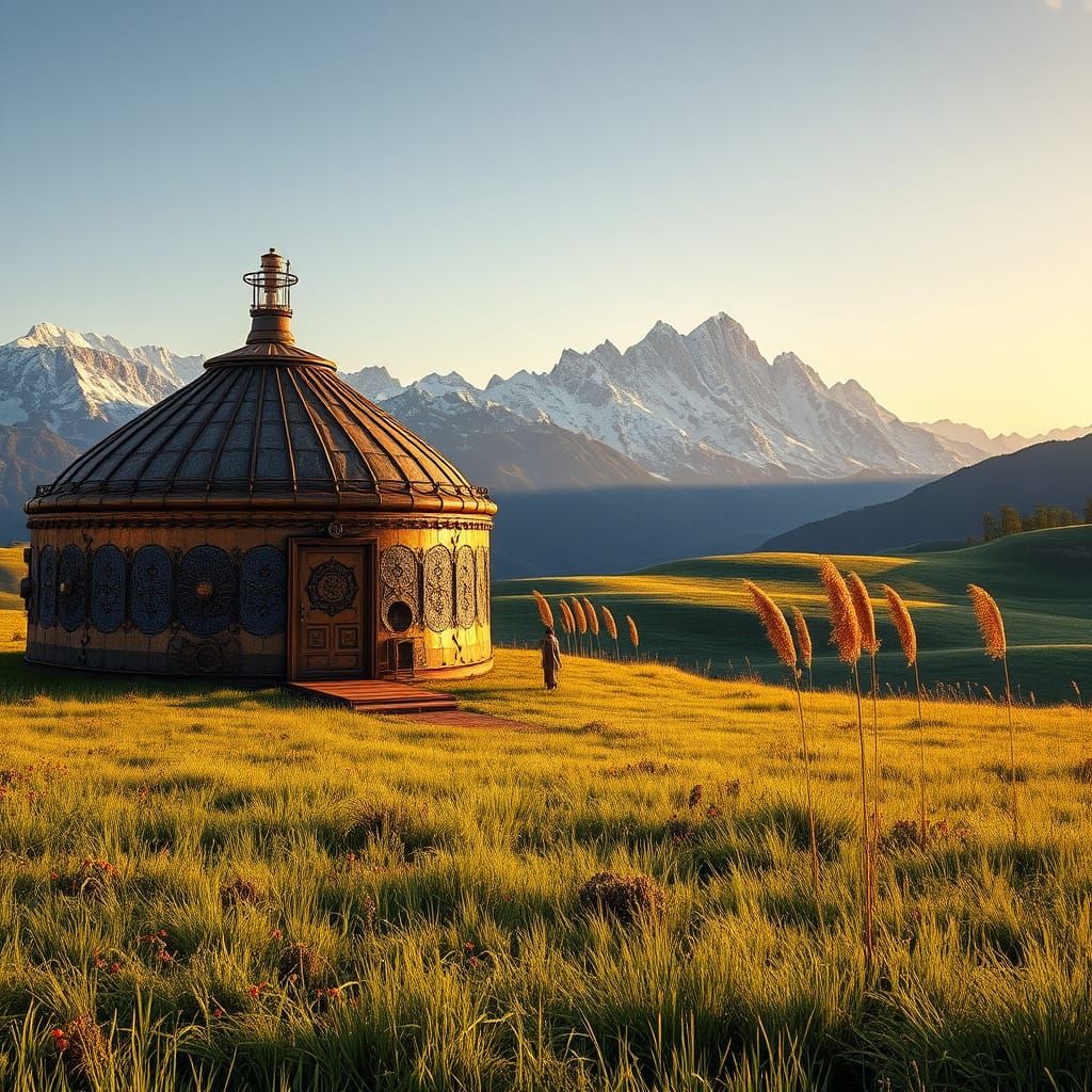 Steampunk Yurt Amidst Majestic Mountains