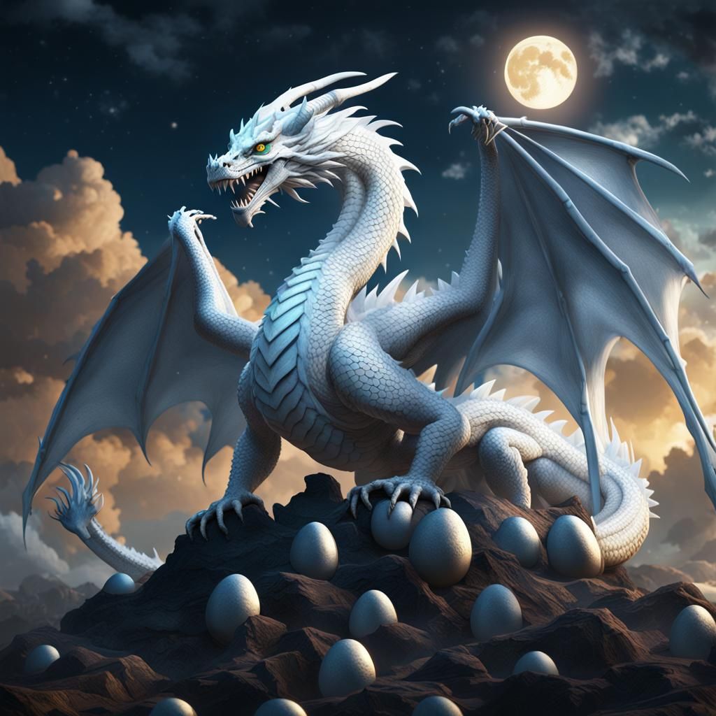 White Dragon Protecting Eggs: Fantasy Concept Art