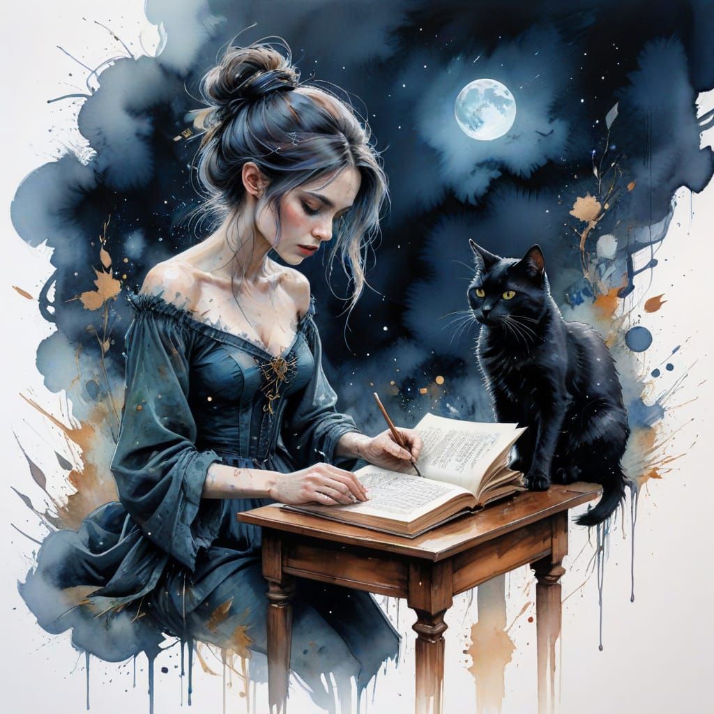 Witch Studying Spell Book Under Moonlight