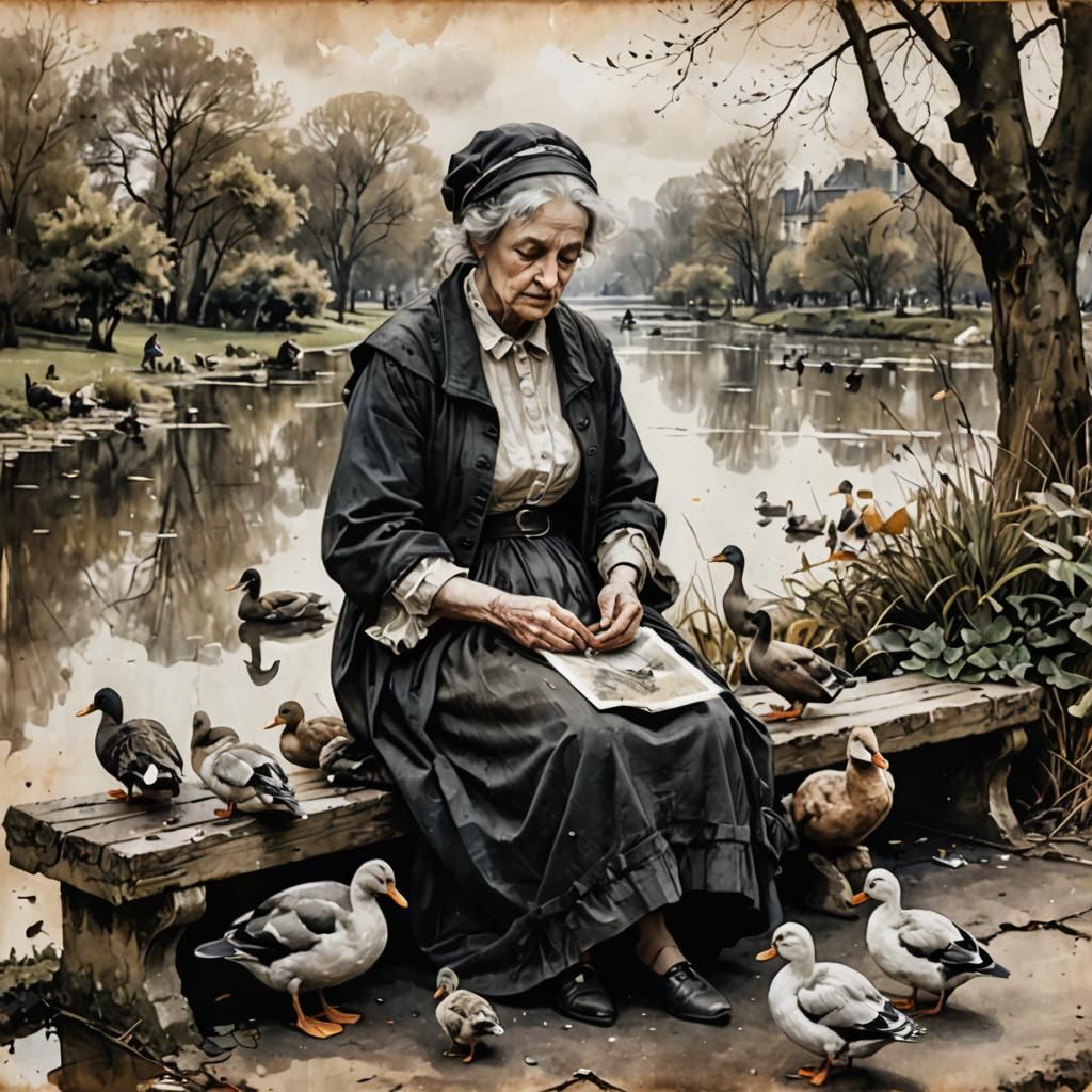 Sad Woman Feeds Ducks: Black and White Portrait