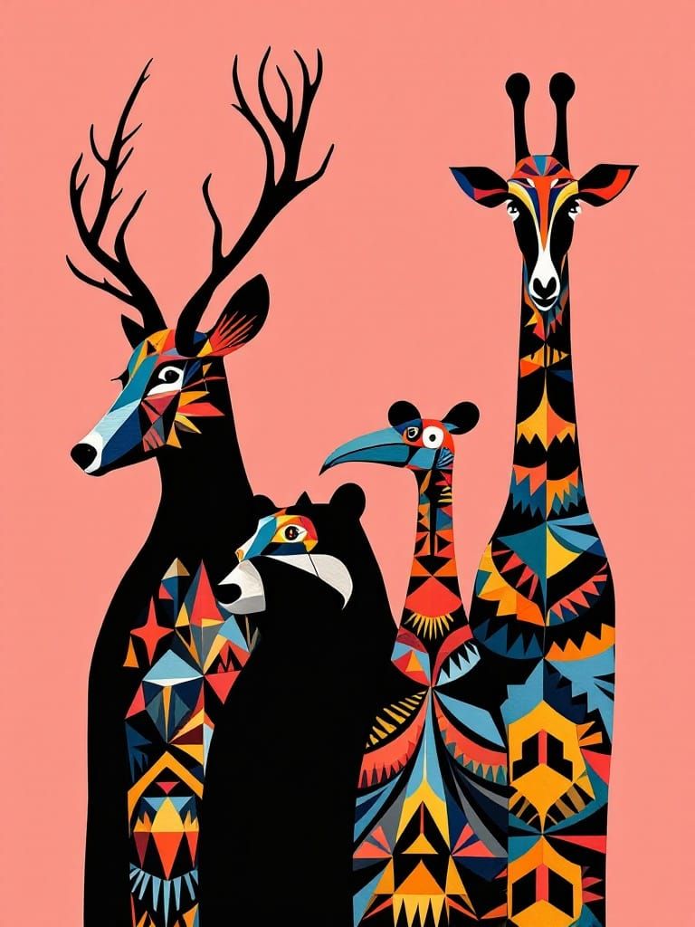 Vibrant Beasts in Geometric Masks Unite in Bold Silhouettes