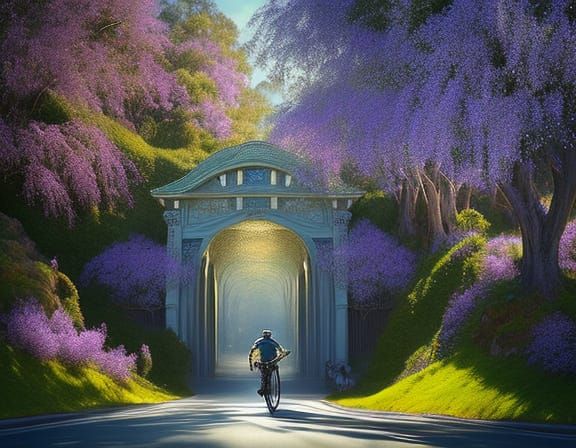 Gentle Old Man Rides Vintage Bicycle Under Jacaranda Blooms ...