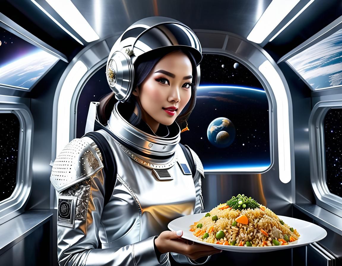 Futuristic Food Truck Serving Nasi Goreng in Space