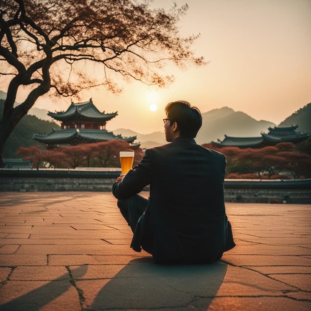 Korean Man at Sunset: Cinematic Film Still