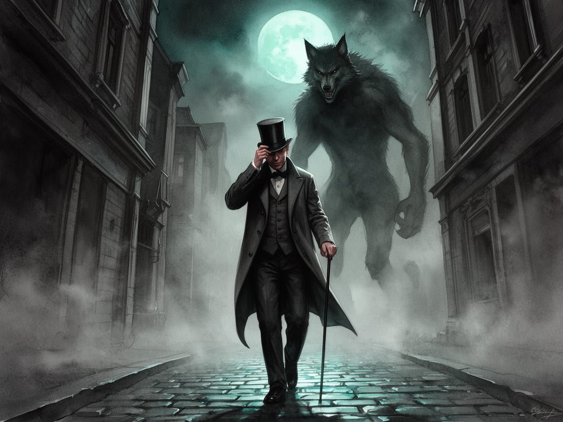 Gothic Horror: Gentleman Confronts Werewolf in Misty Night