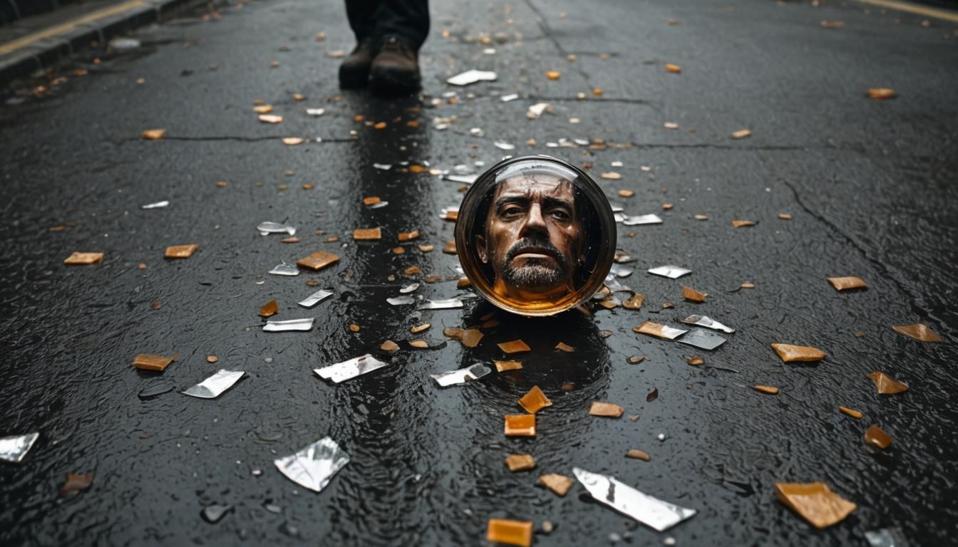 Gritty Realism: Face Reflected in Broken Glass