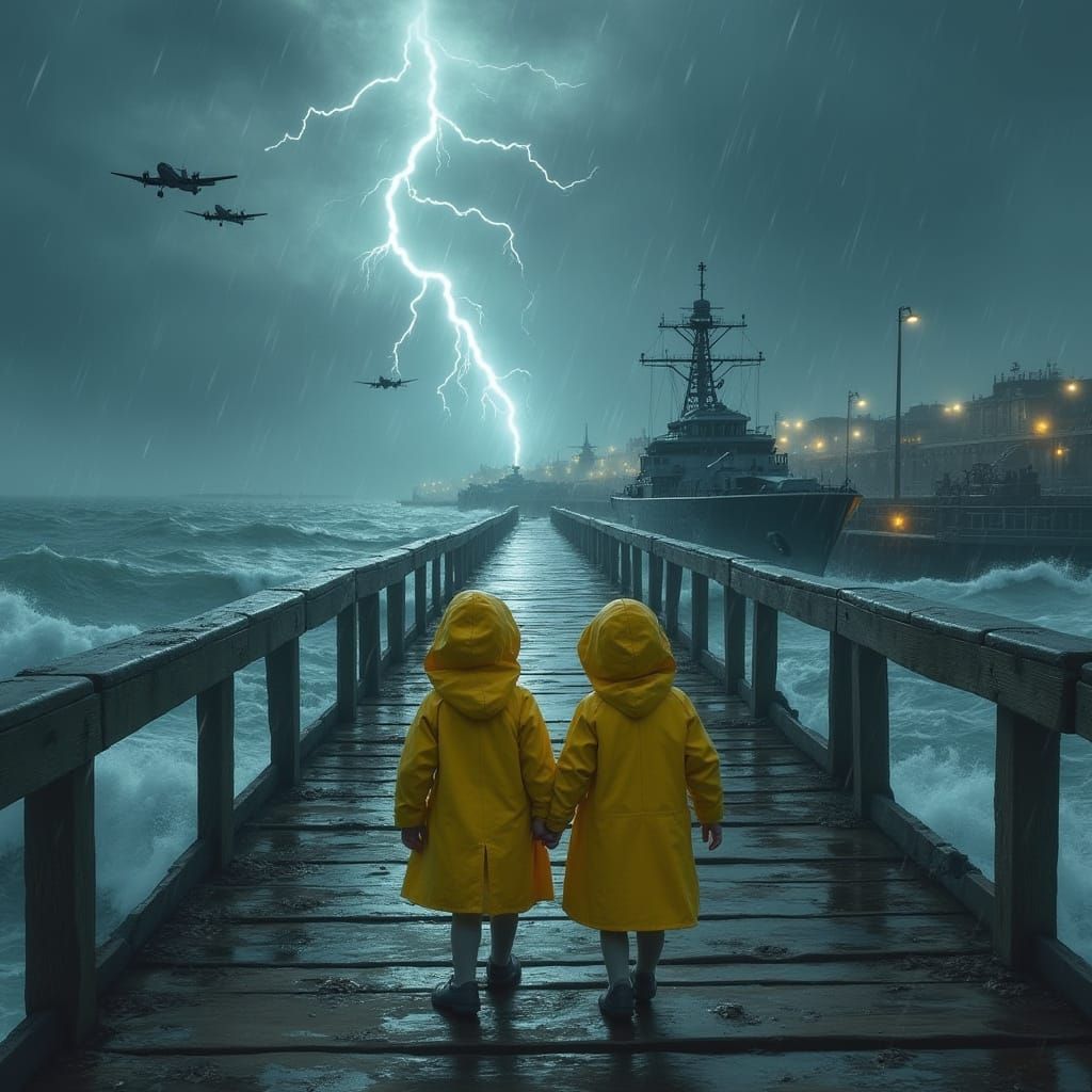 Twin Girls on Pier in Stormy Weather
