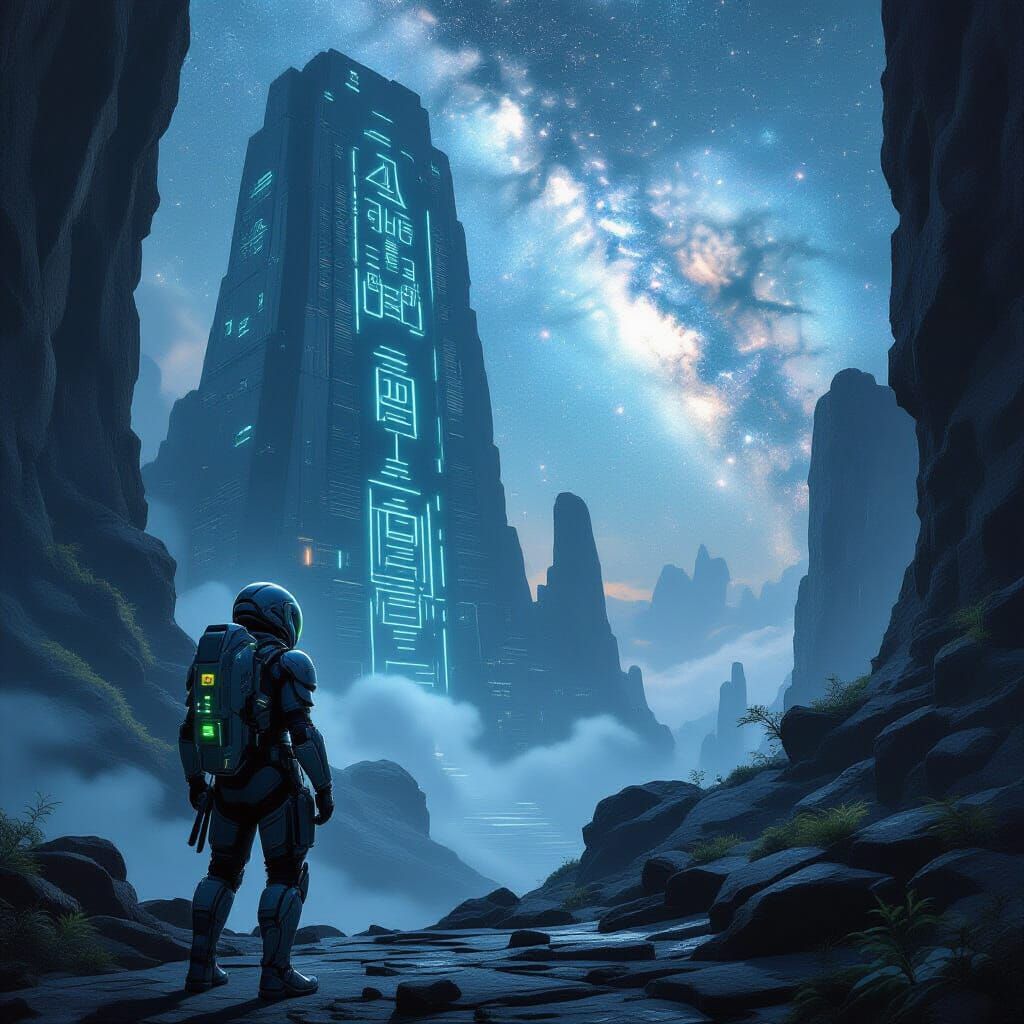 Explorer on Alien Ruin in Biomechanical Surrealism Style