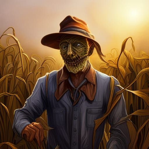 Horror Scarecrow in Cornfield: Hyperrealistic Splash Art