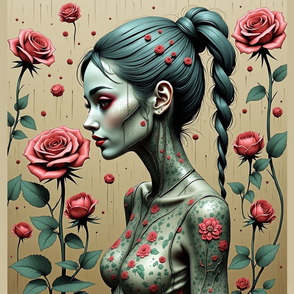 Cyborg Woman with Rose in H.R. Giger Style