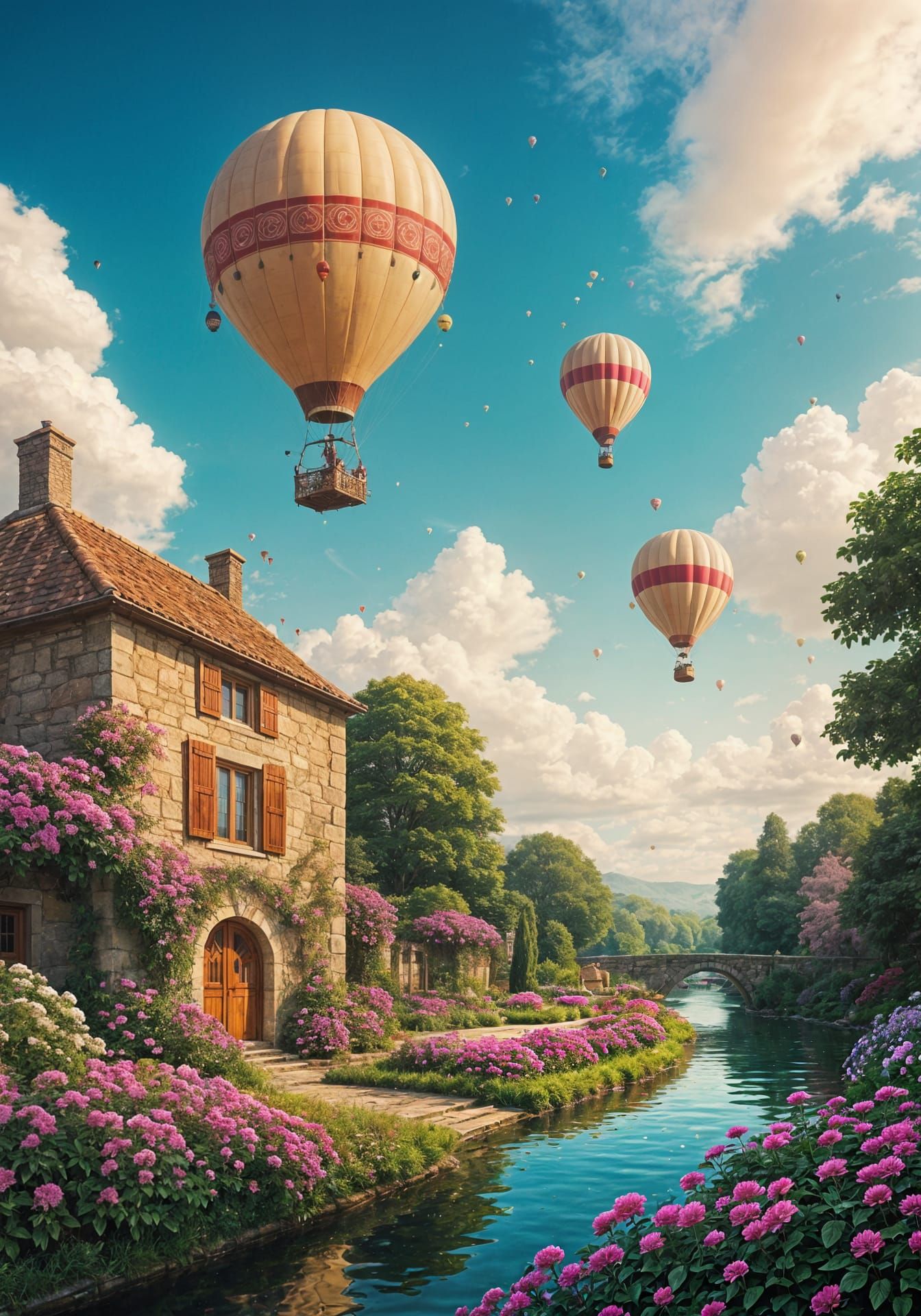 Hot Air Balloons Rise Over Paradise: Cosmic Illustration