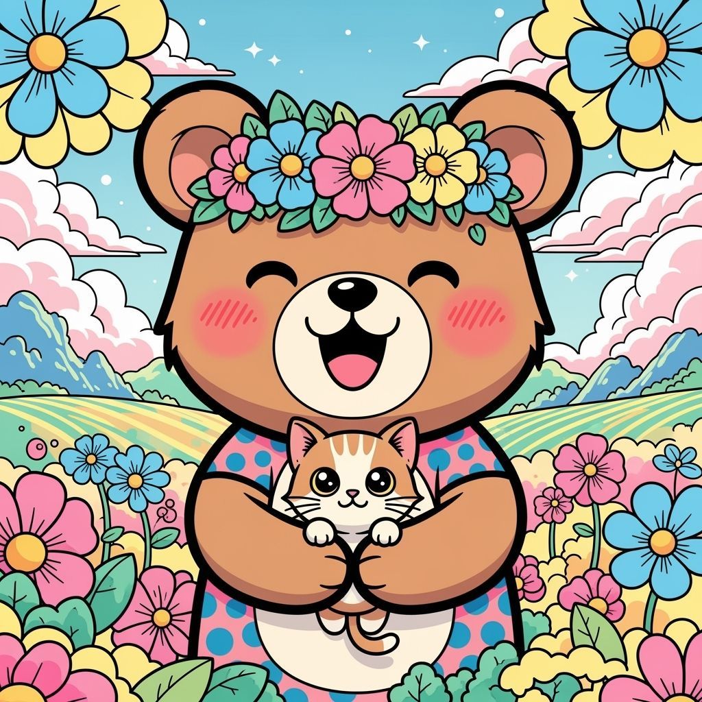 Cartoon Bear Cradling Kitten in Anime Style