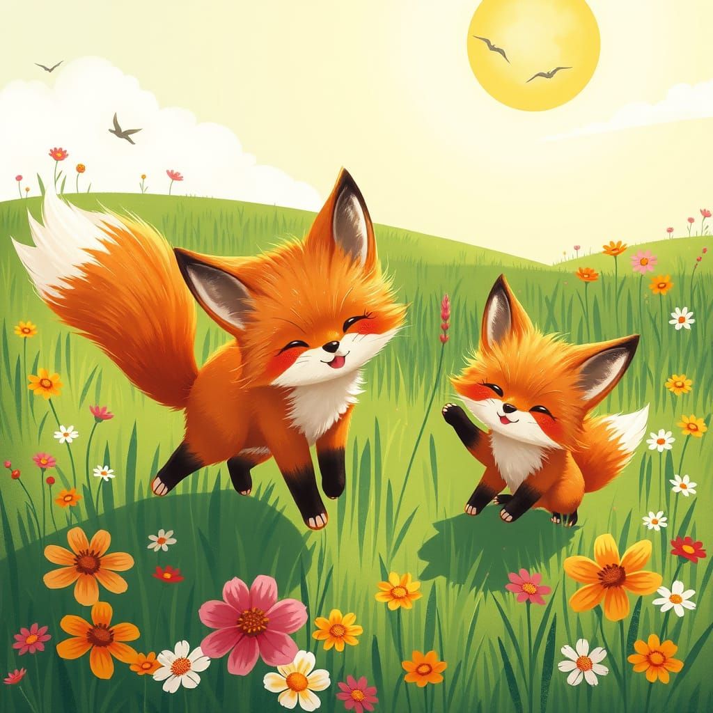 Whimsical Foxes in a Vibrant Meadow