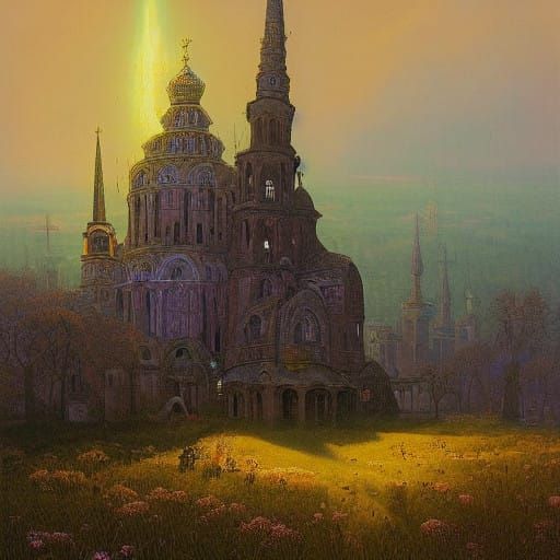 Mystical Medieval Ukrainian Cityscape in Iridescent Skies
