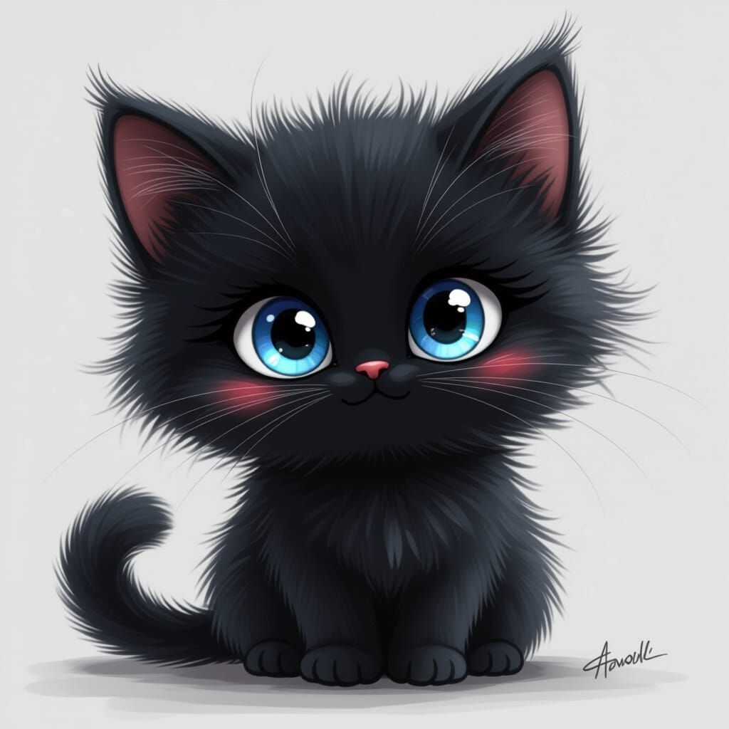 Fuzzy Black Cat Character with Crossed Eyes