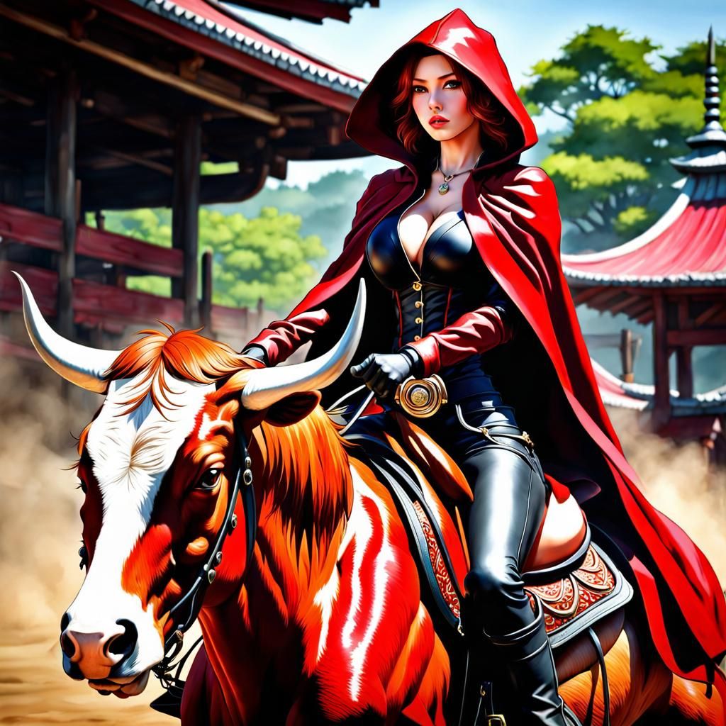 Beautiful Japanese Mistress Rides Bull in Gothic Art