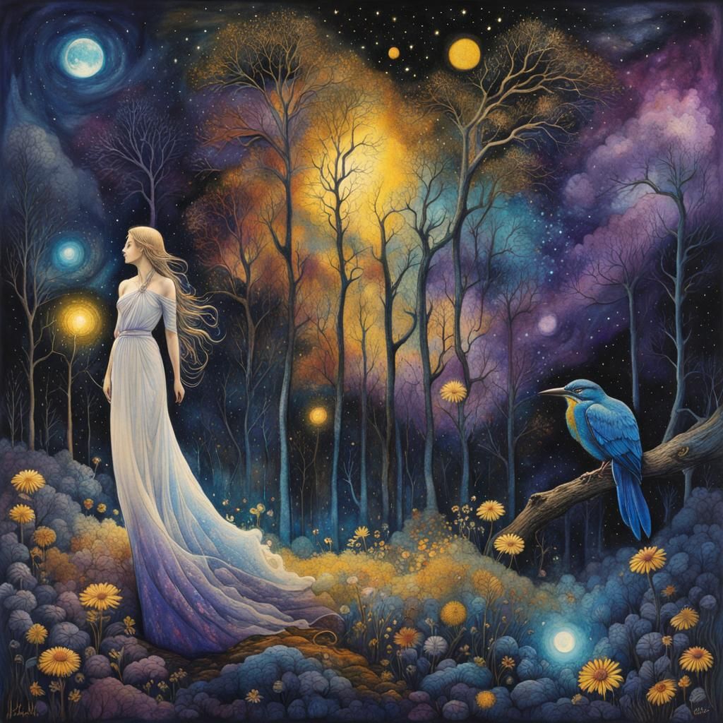 Mystical Woman Portrait in Cosmic Forest, Mixed Media