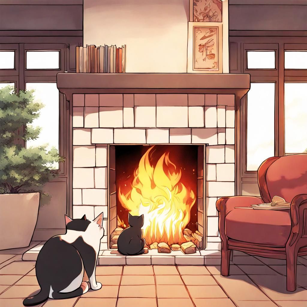 Manga Cat Relaxing by Fireplace in Anime Style