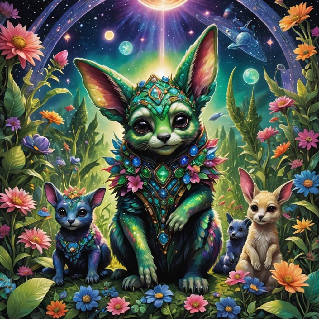 Iridescent Alien Animals Gathered Around Spacecraft