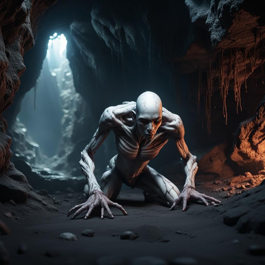 Pale Humanoid Crawling in Dark Cave: Matte Painting