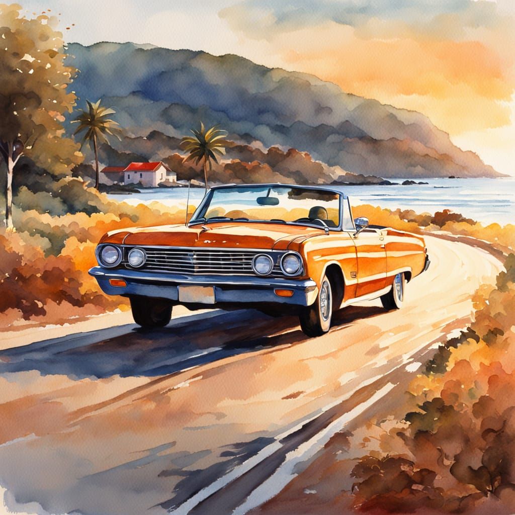 Convertible at Sunset: Impressionist Watercolour Painting