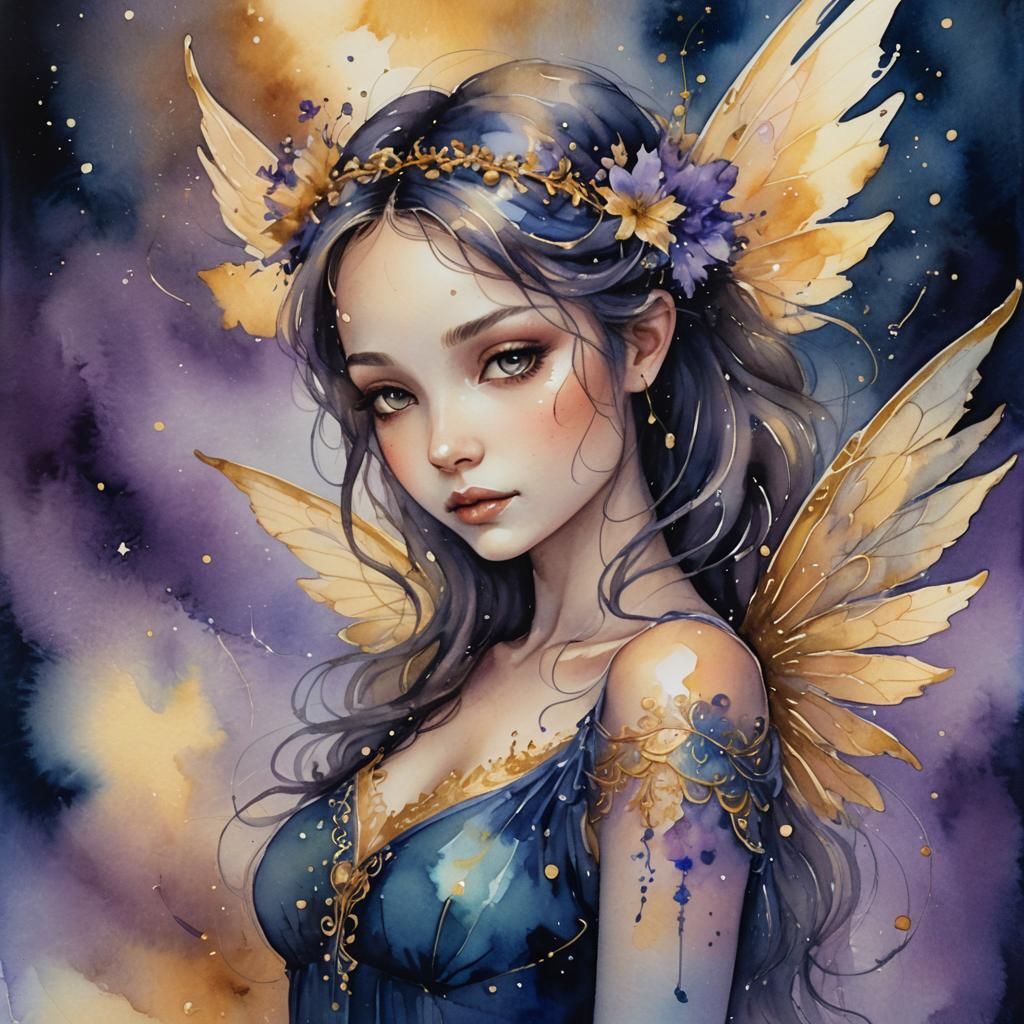 Whimsical Watercolor Fairy in Moonlit Sky