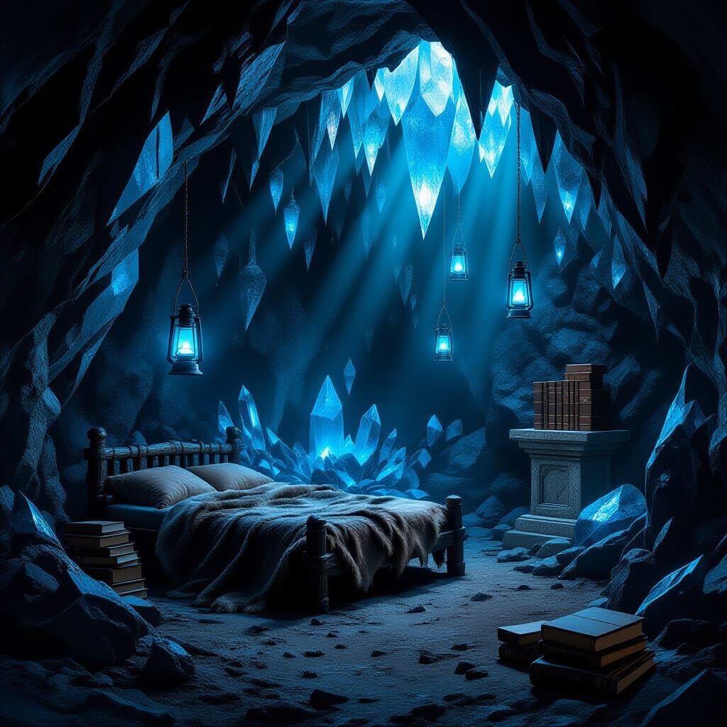 Mystical Crystal Cave Bedroom in Dark Fantasy Style