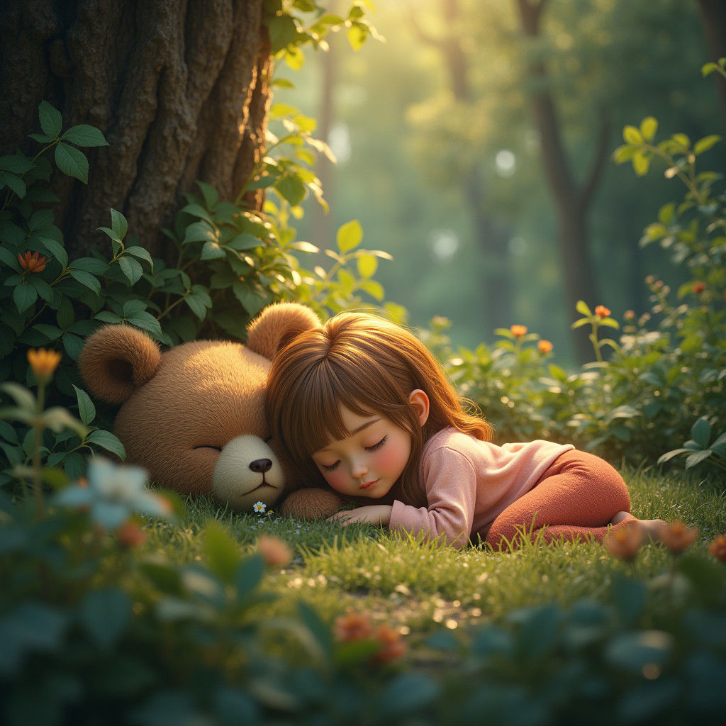 Girl and Bear in Whimsical Forest: Matte Painting
