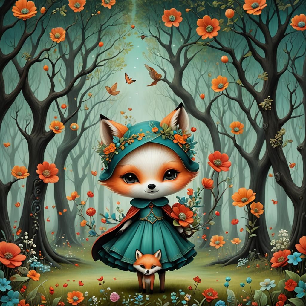 Whimsical Cartoon Character, Dark Botanical Style