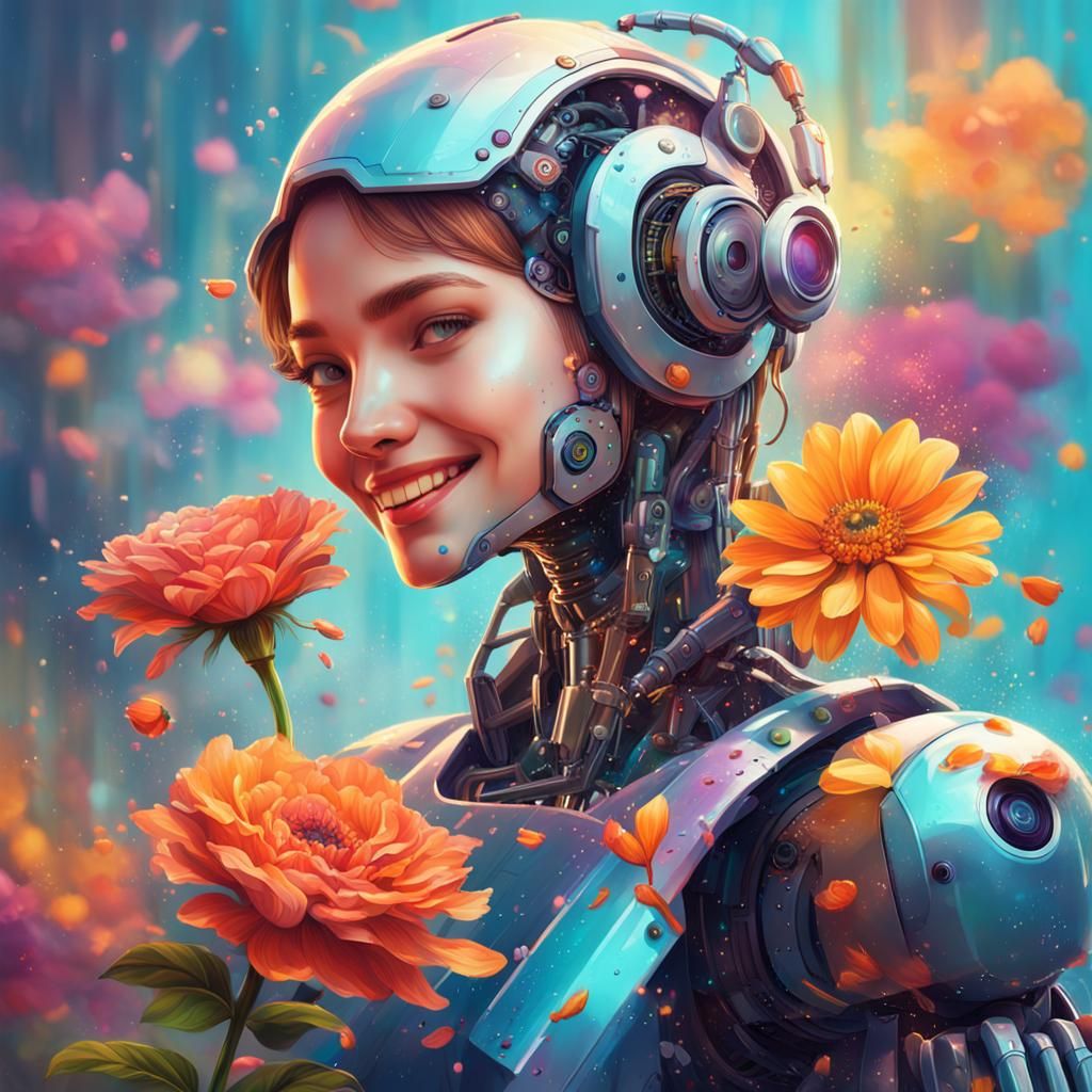 Robot Offers Flower to Beautiful Woman: Hyperrealistic Art