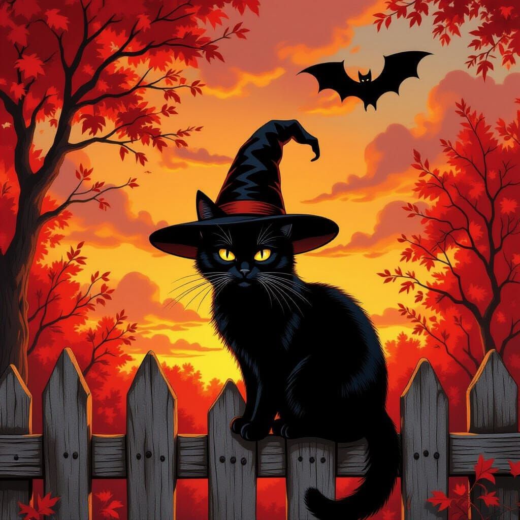 Black Cat in Witch Hat on Fence with Fiery Trees