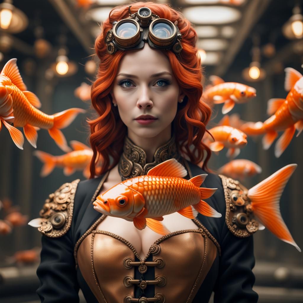Steampunk Woman with Koi Fish: Hyperrealistic Macro Shot