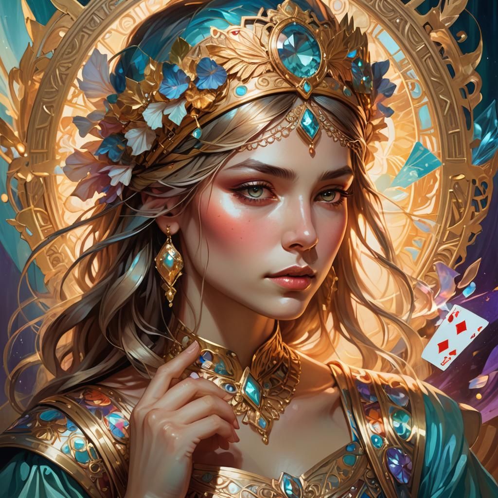Fantasy Portrait of Woman with Cards in Art Nouveau Style