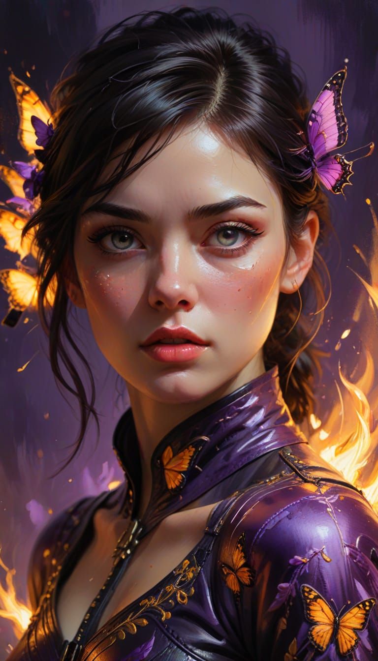 Girl in Fiery Butterfly Embroidery, Oil Painting Style