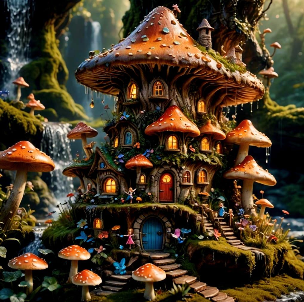 Fairies on Mushroom Near Fairy House, Hyperrealistic