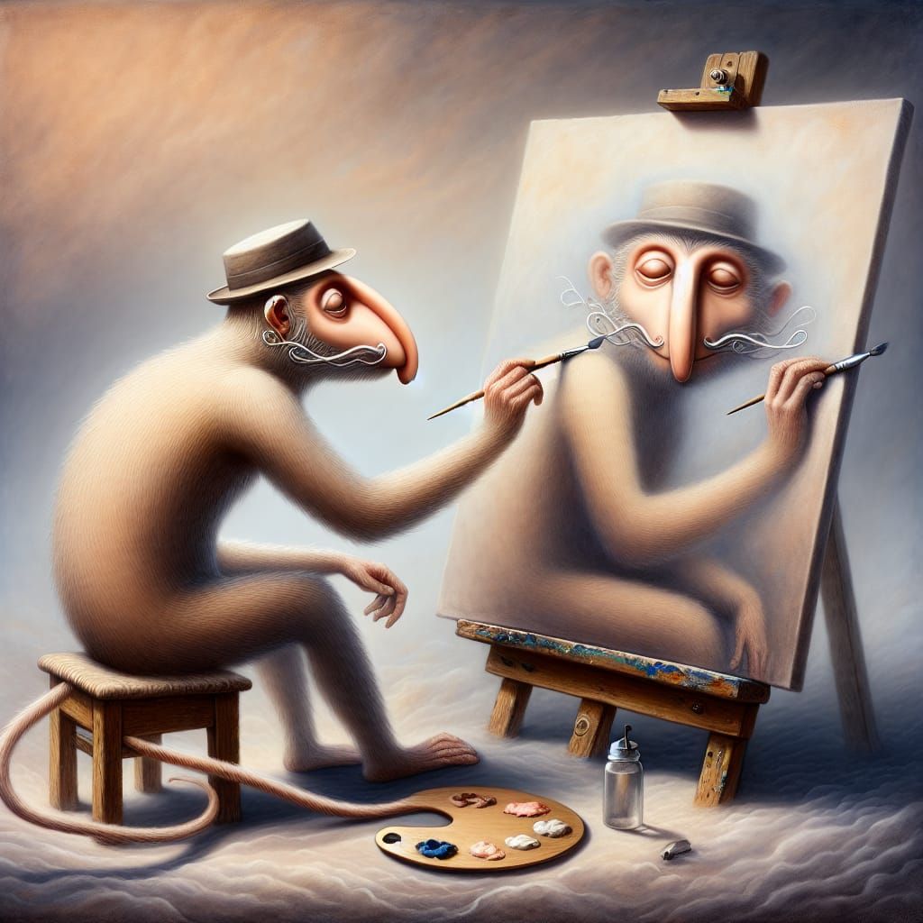 Monkey Artist Paints Another Monkey in Surreal Style