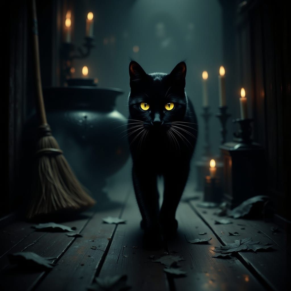 Black Cat with Yellow Eyes in Eerie Halloween Scene