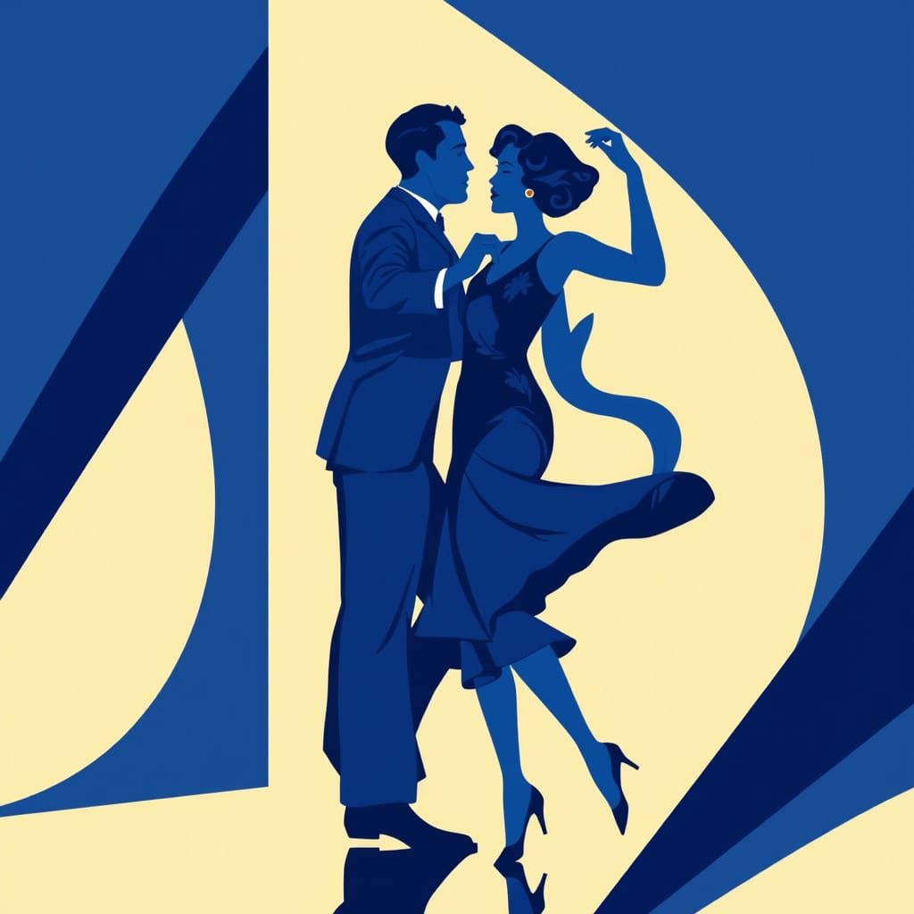 1920s Couple Dancing in Deep Blue Art Deco Style