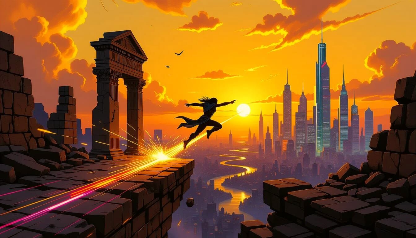 Hero's Leap Between Worlds in Frazetta-Mead Style