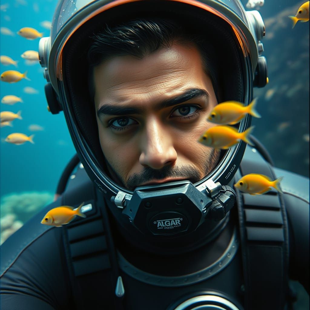 Persian Cat Aquanaut Exploring Coral Reef: Cinematic Still