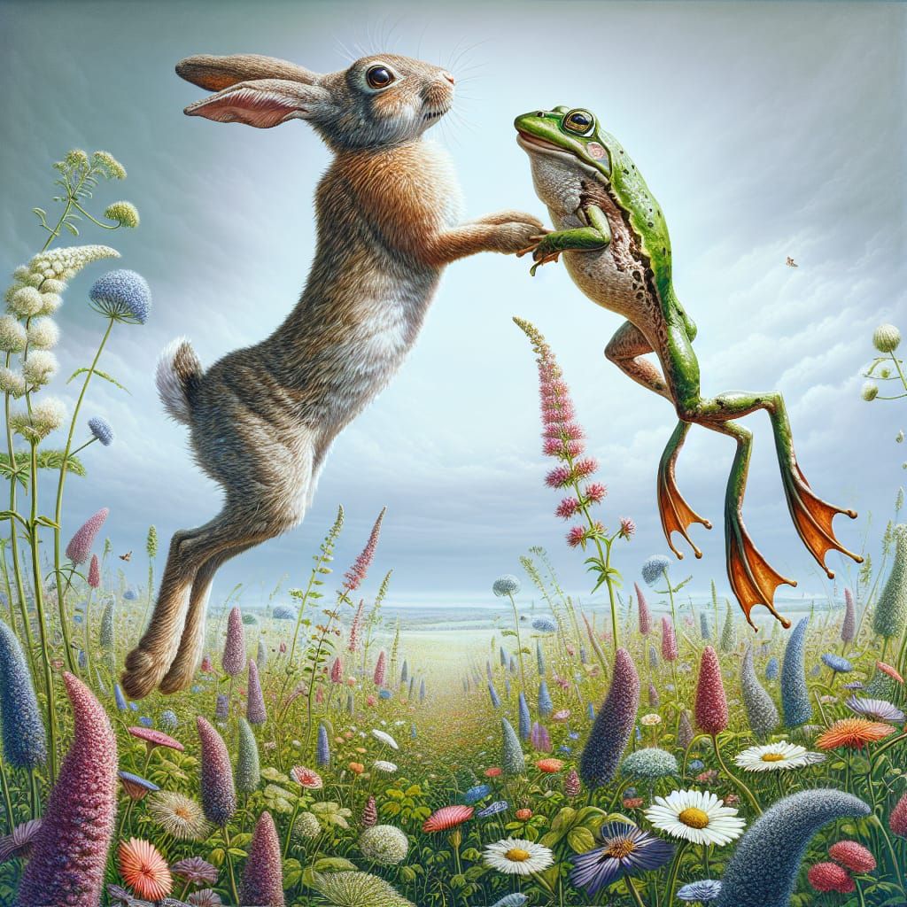 Rabbit and Frog Jumping Contest in Wildflower Meadow