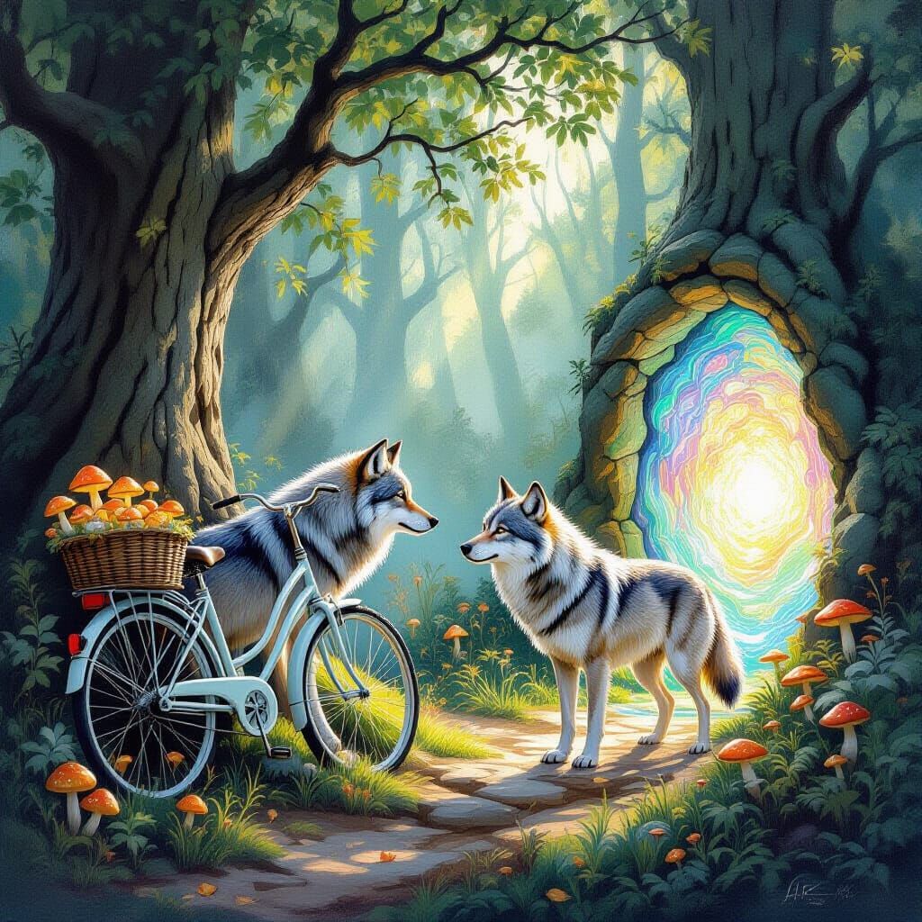 Wolf Discovers Iridescent Portal in Enchanted Forest