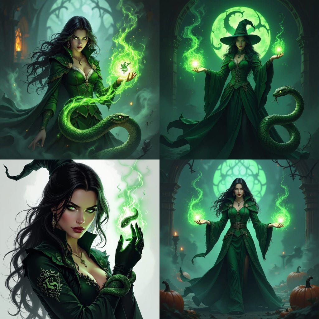 Powerful Slytherin Witch with Serpent and Green Magic