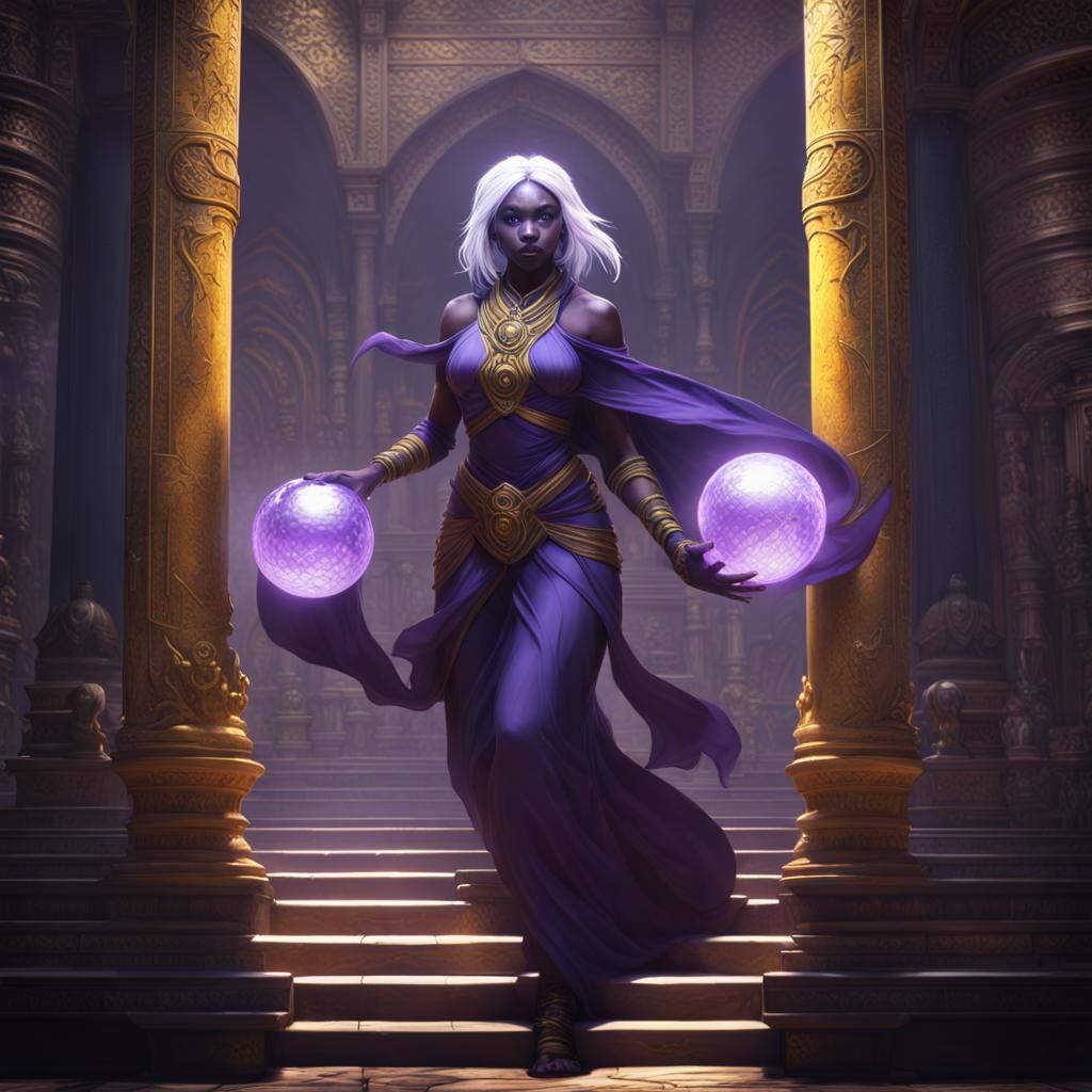 A Drow with a spherical diamond in her hands is escaping from a Temple