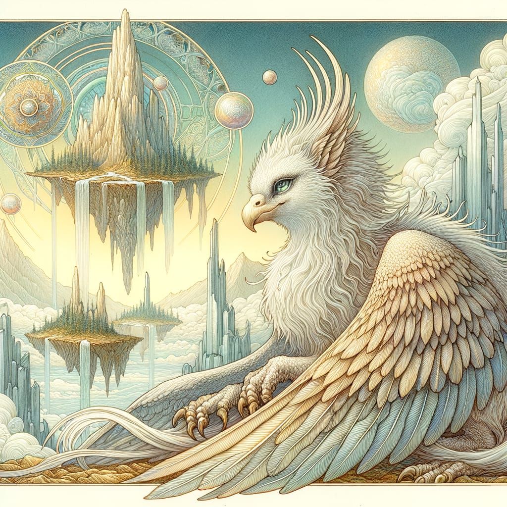 Serene Griffin on Crystalline Mountain in Art Nouveau Style