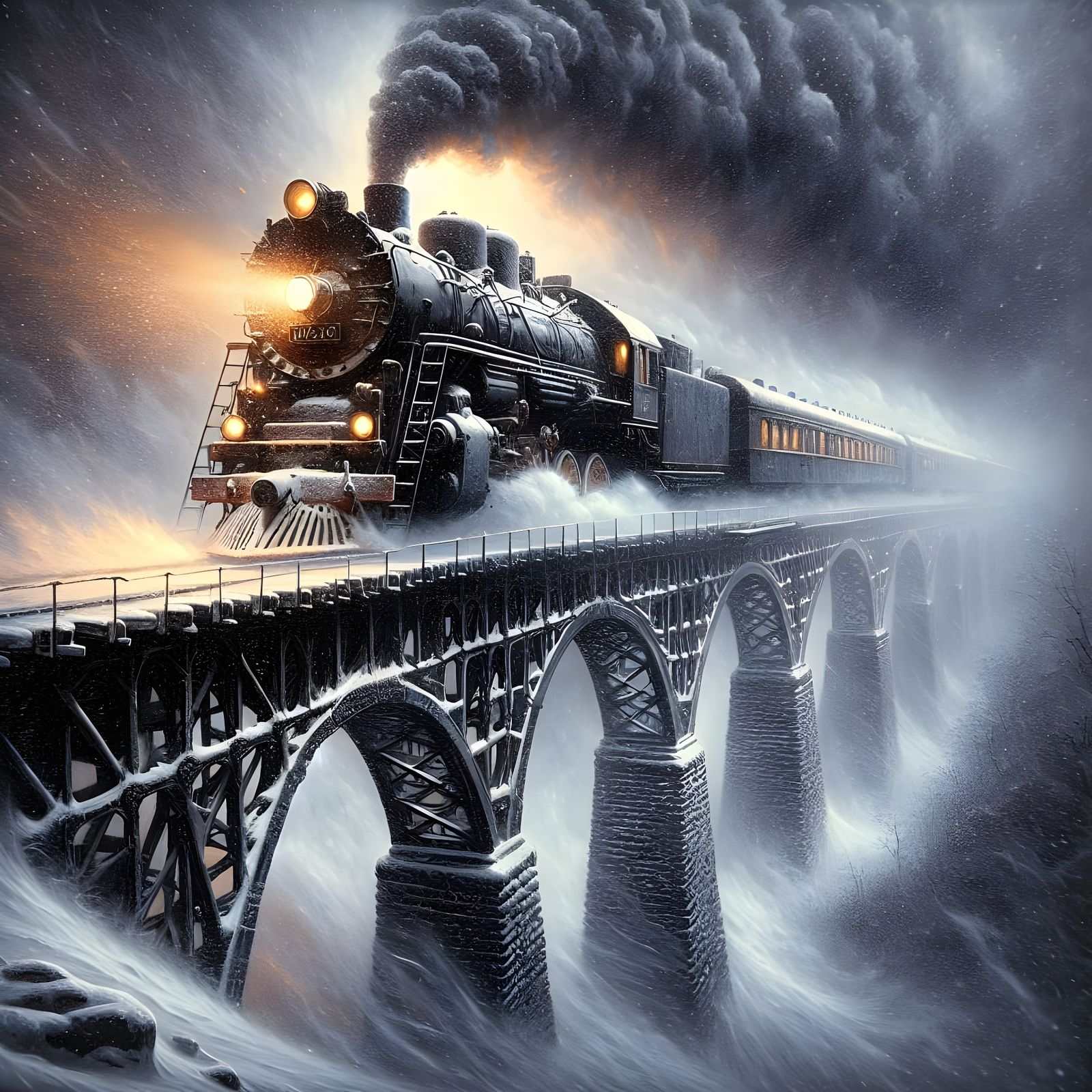 Steam Train in Winter Wonderland, Oil Painting Style