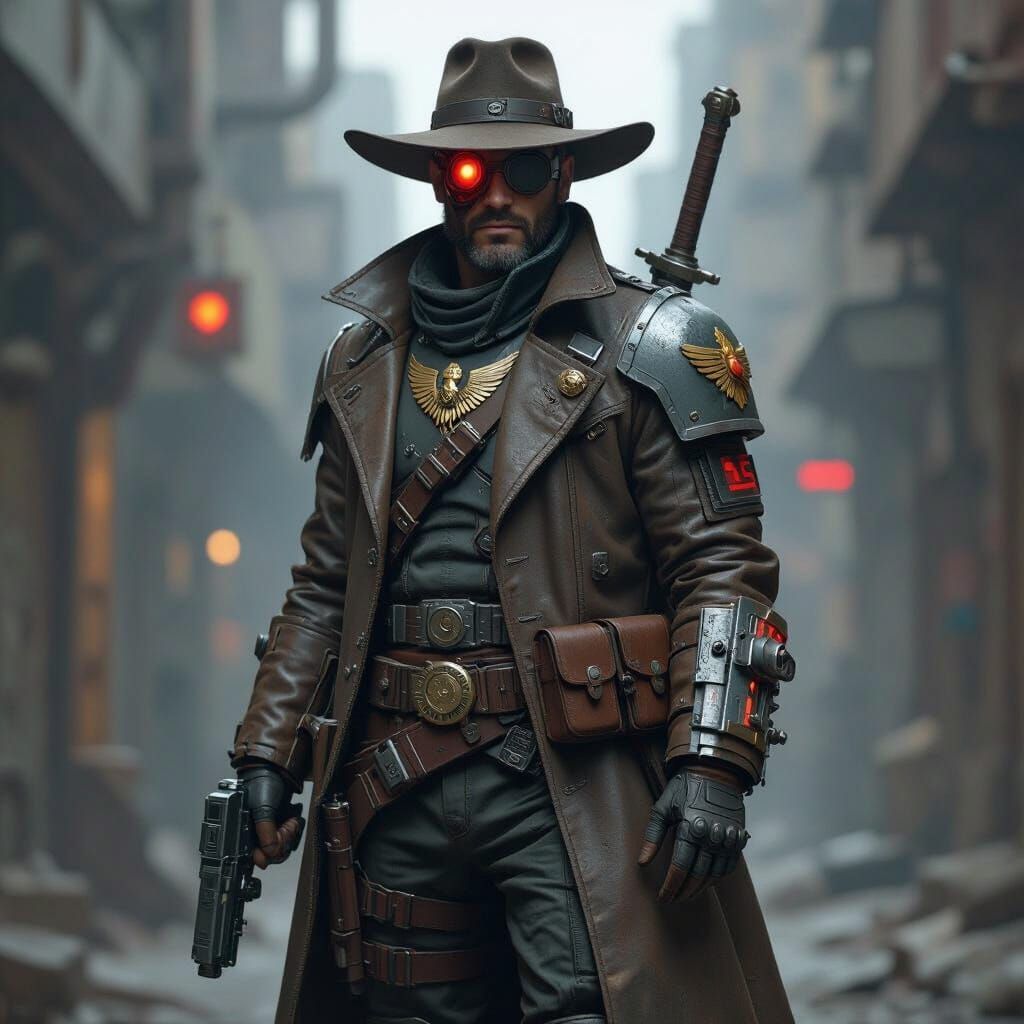 Grizzled Rogue Trader in Dystopian Sci-Fi Art