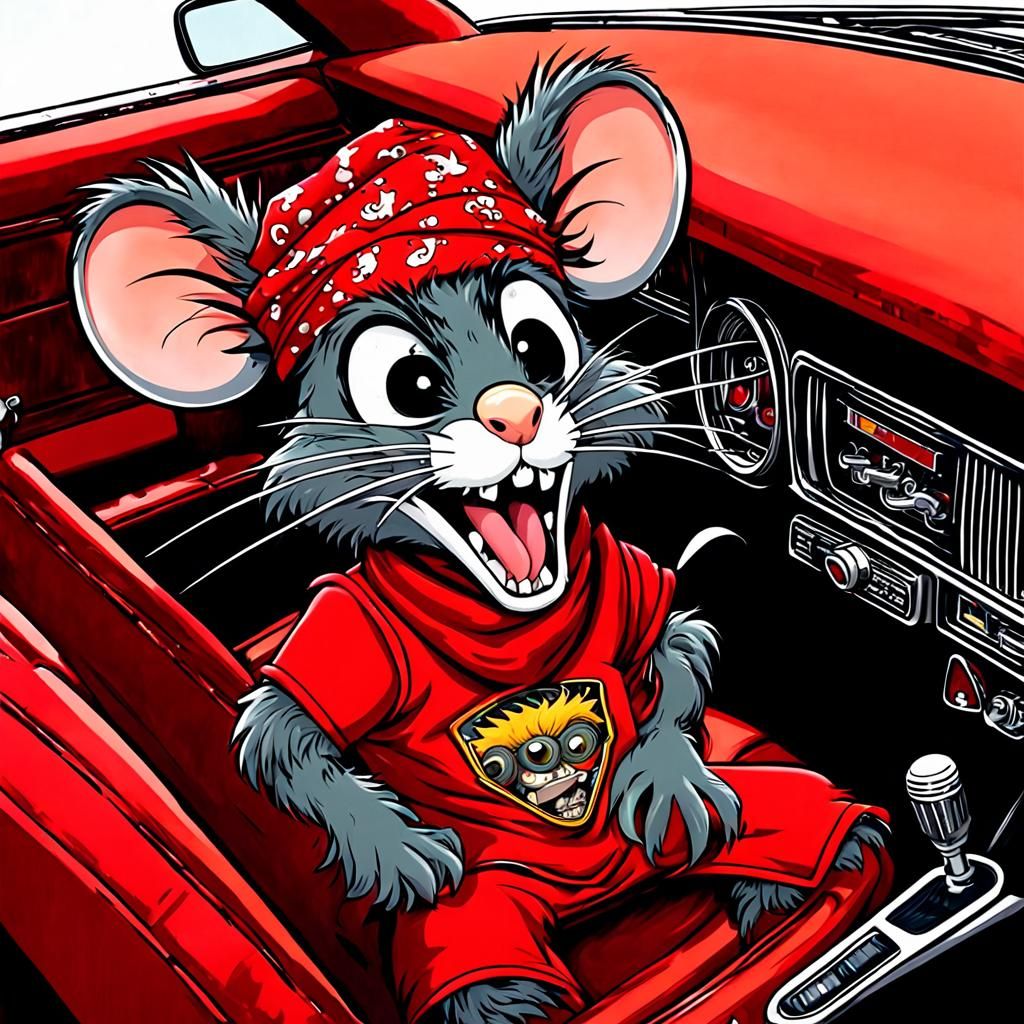 Cartoon Ratfink Mouse Driving a Red Camaro