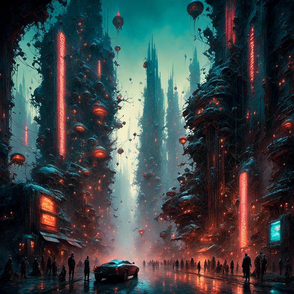 Neon-Lit Futuristic Cityscape in Cyberpunk Style