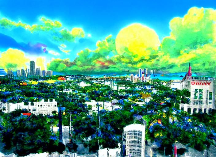 Miami Downtown in Studio Ghibli Watercolor Style